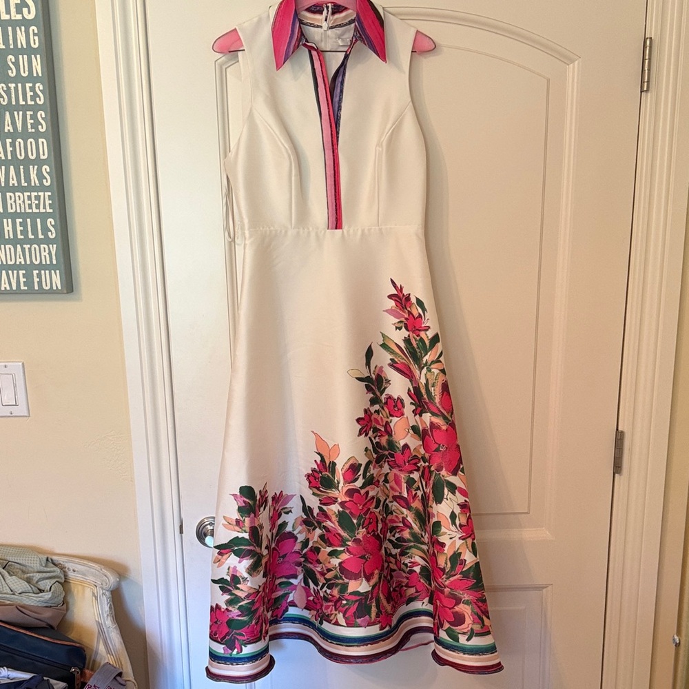 Badgley Mischka White Dress with Pink Floral Design